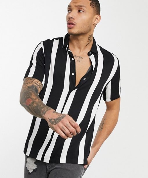 Black & White Vertical Striped Shirt For Men