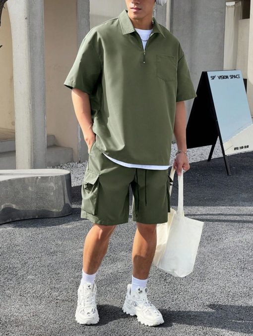 Army Green Half Zip Oversized Polo Shirt - Image 4