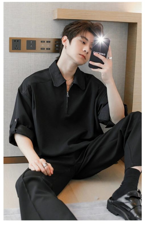 Black Sleeve Up Oversized Polo Shirt - Image 2