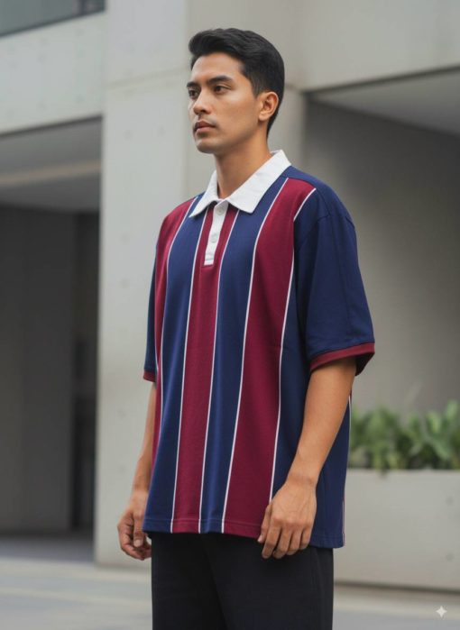 Maroon and Navy Blue Oversized Polo T-Shirt - Image 2