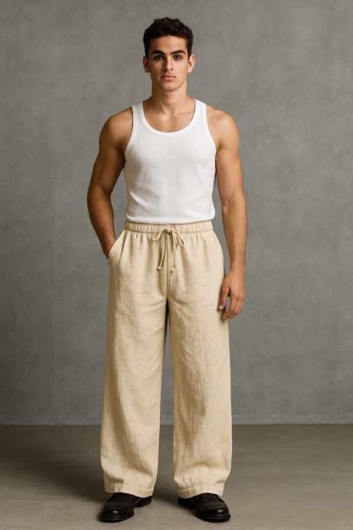 Beige Baggy Fit Linen Pants - Image 2