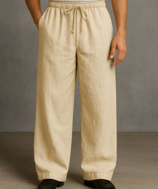 Beige Baggy Fit Linen Pants