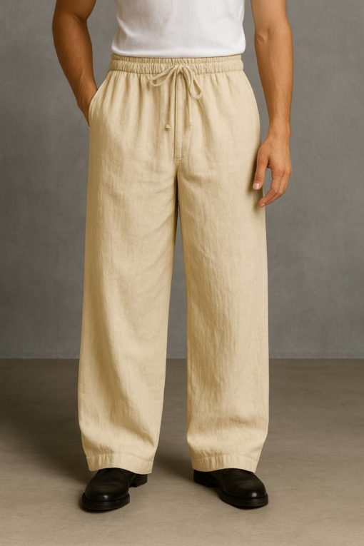 Beige Baggy Fit Linen Pants