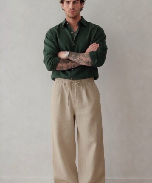 Beige Baggy Fit Linen Pants