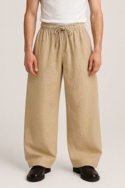 Beige Baggy Fit Linen Pants