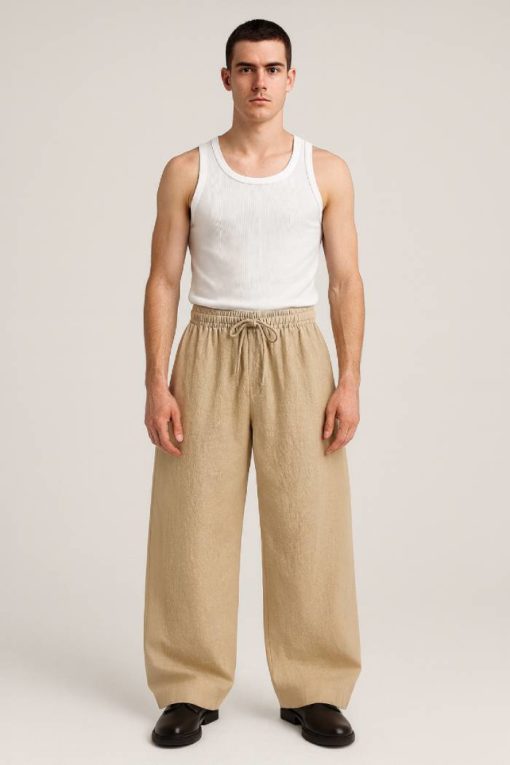 Beige Baggy Fit Linen Pants - Image 2
