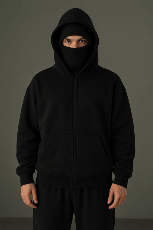 Black Balaclava Double Zip Oversized Hoodie - Image 2