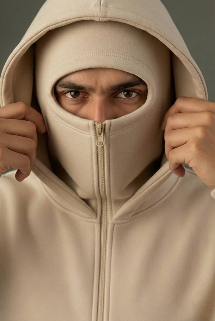Beige Balaclava Double Zip Oversized Hoodie - Image 2