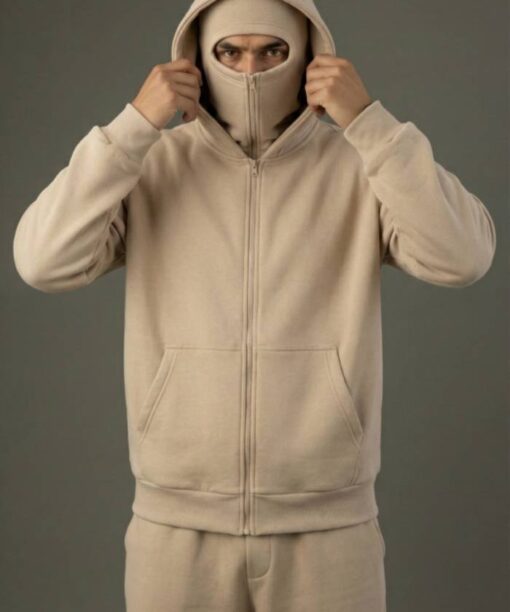 Beige Balaclava Double Zip Oversized Hoodie