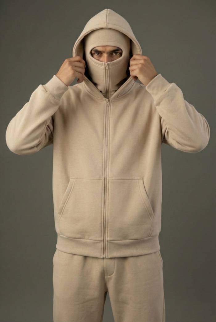 Beige Balaclava Double Zip Oversized Hoodie
