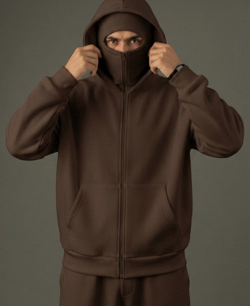 Dark Brown Balaclava Double Zip Oversized Hoodie