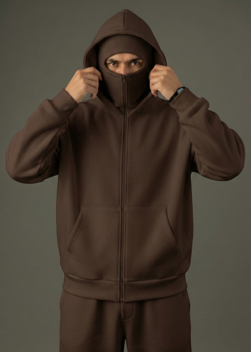 Dark Brown Balaclava Double Zip Oversized Hoodie