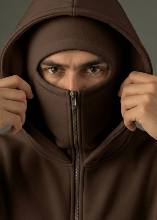 Dark Brown Balaclava Double Zip Oversized Hoodie - Image 3