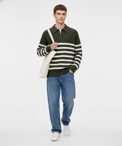 Green Half-Zip Striped Sweater