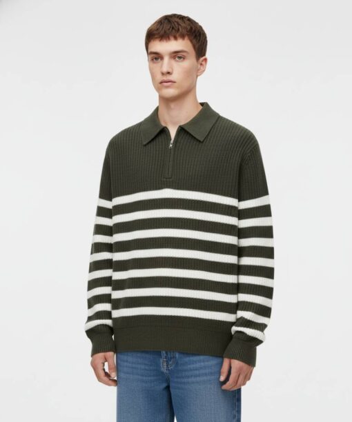 Alternative view of Green Half-Zip Striped Sweater
