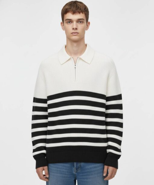 White Half-Zip Striped Sweater