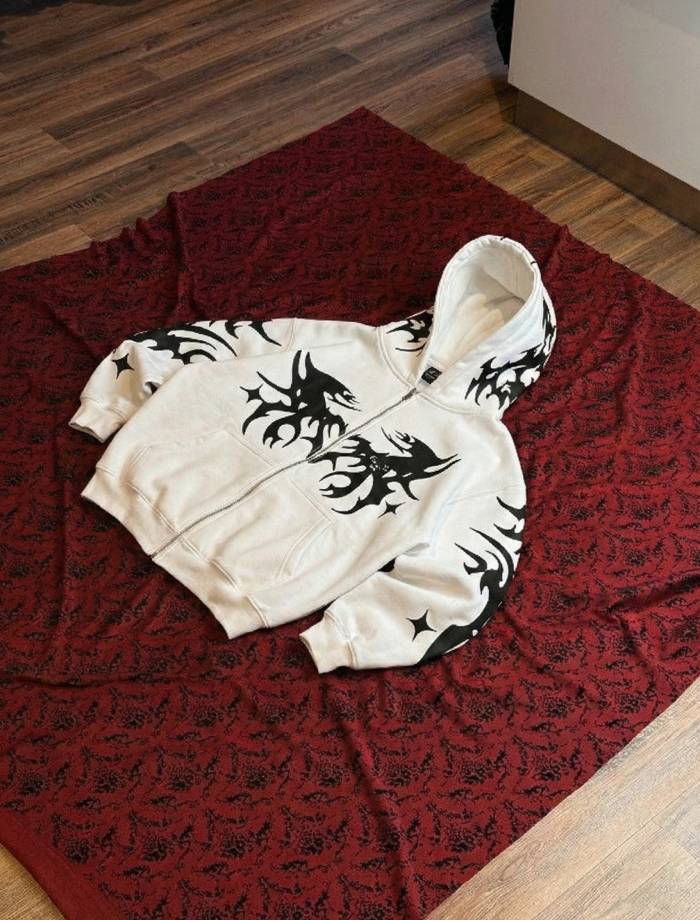 Tribe Oversized Zipper Hoodie - White - Image 4