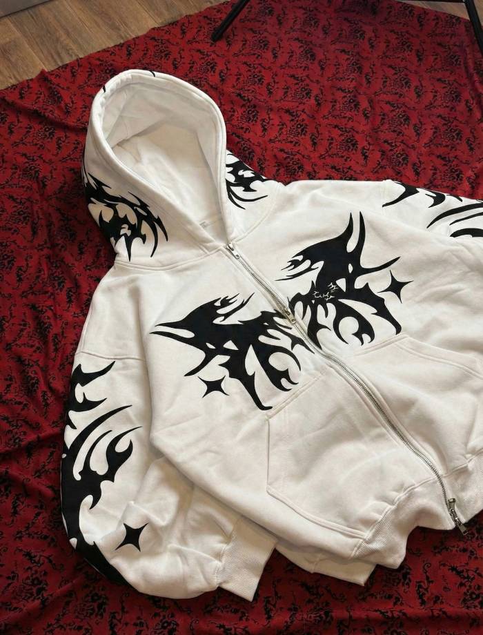 Tribe Oversized Zipper Hoodie - White - Image 3
