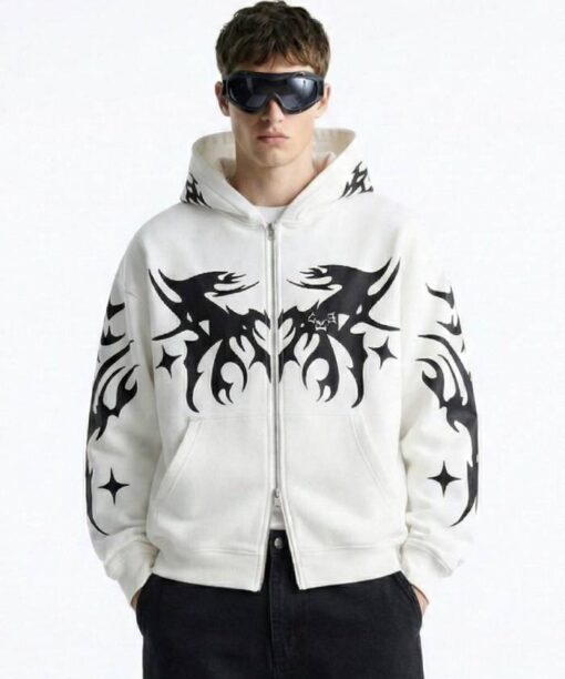 Tribe Oversized Zipper Hoodie - White - M