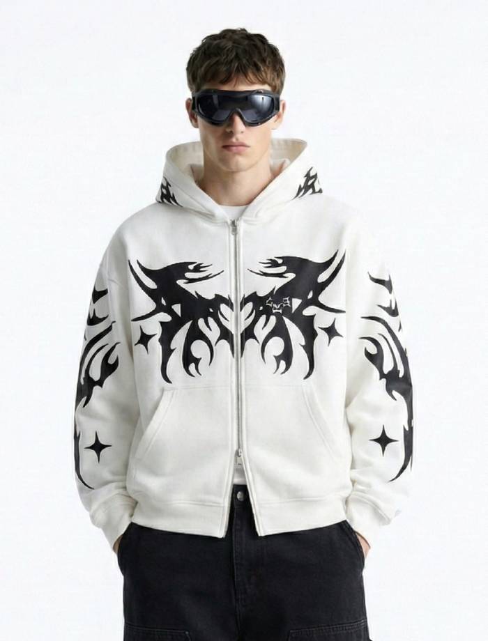 Tribe Oversized Zipper Hoodie - White