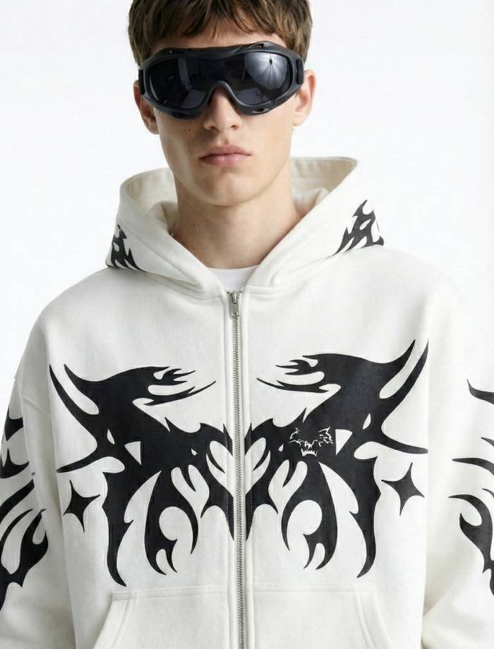 Tribe Oversized Zipper Hoodie - White - Image 2