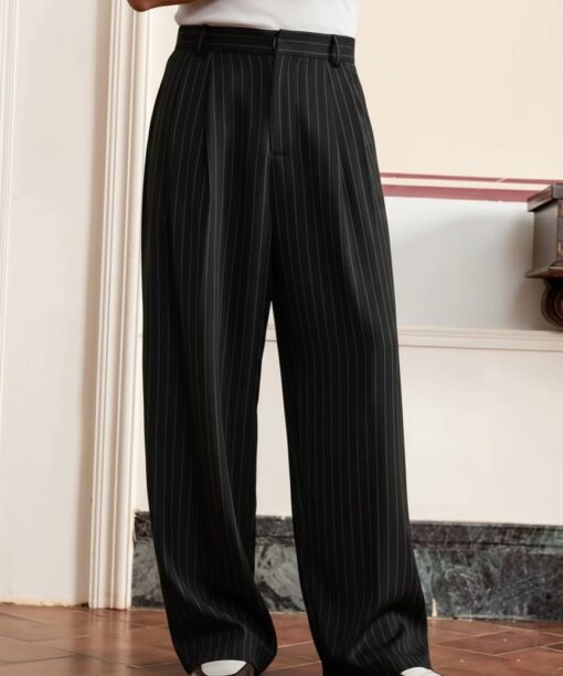 Black Stripe Pleated Wide Leg Pants