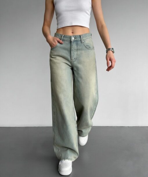 Green Washed Wide Leg Jean