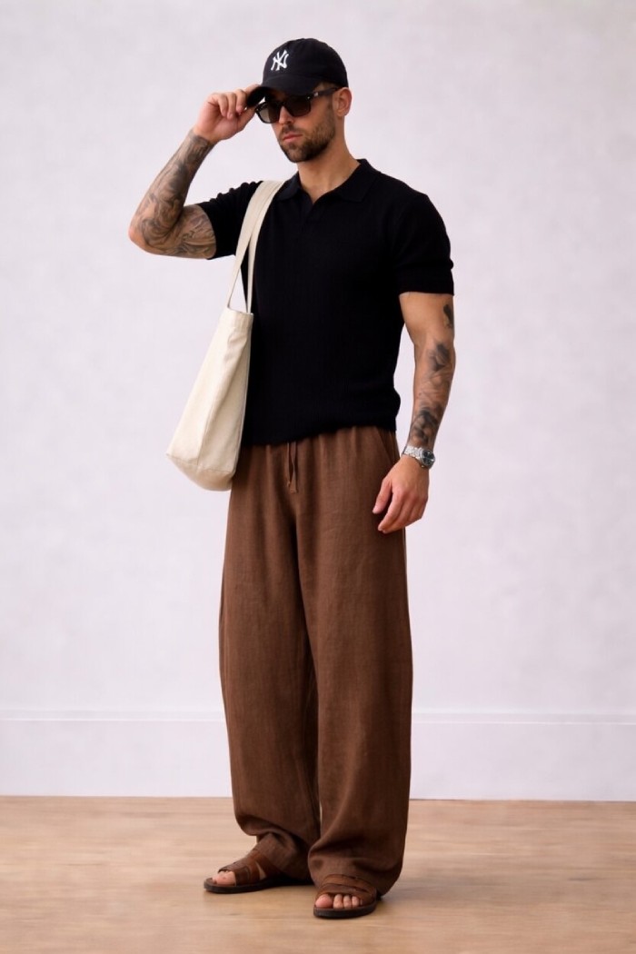 Brown Bubble Linen Baggy Fit Pants - Image 5