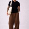 Brown Bubble Linen Baggy Fit Pants