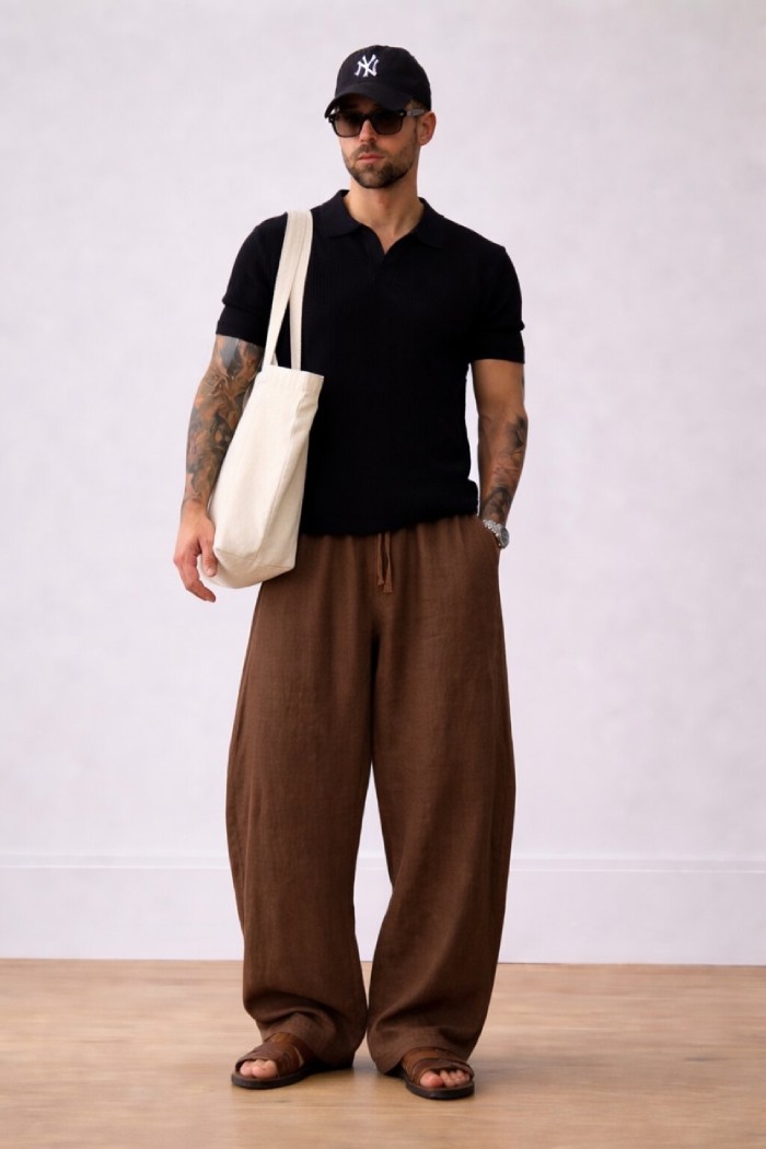 Brown Bubble Linen Baggy Fit Pants