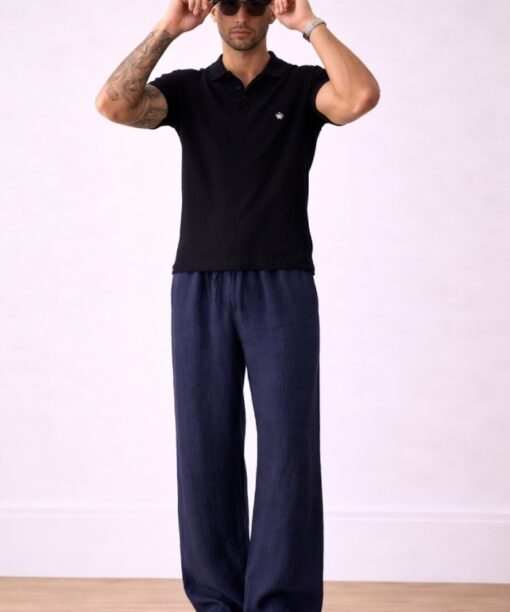 Navy Bubble Linen Baggy Fit Pants