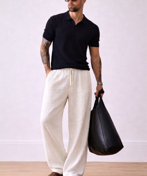 White Bubble Linen Baggy Fit Pants