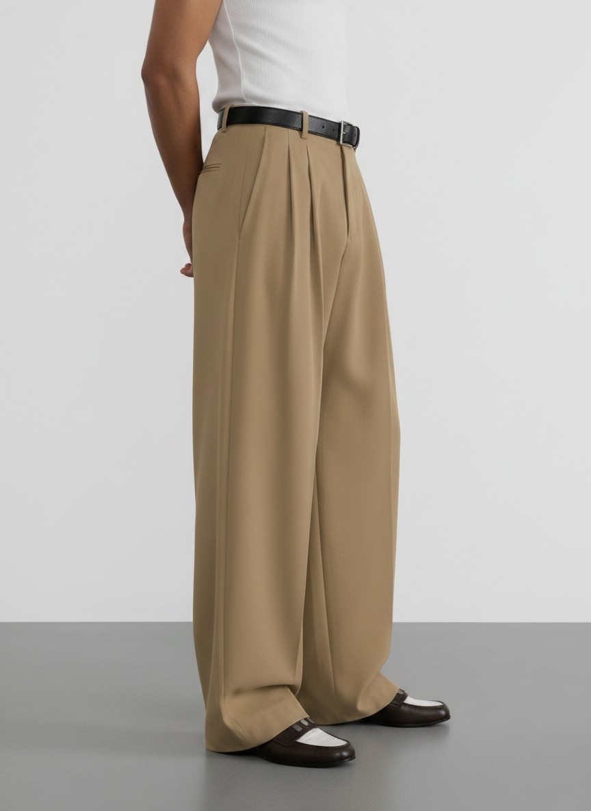 Khaki Pleated Baggy Pant - Image 5