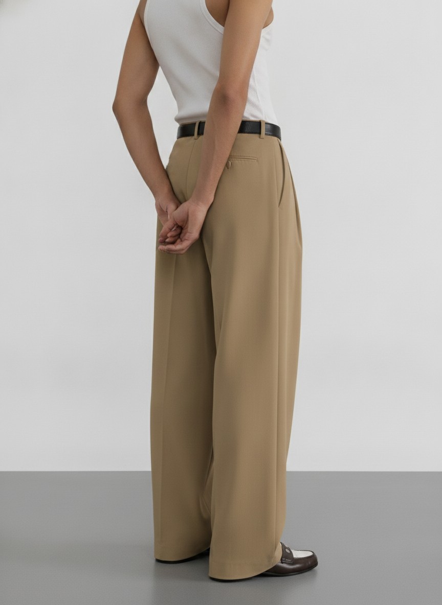 Khaki Pleated Baggy Pant - Image 4