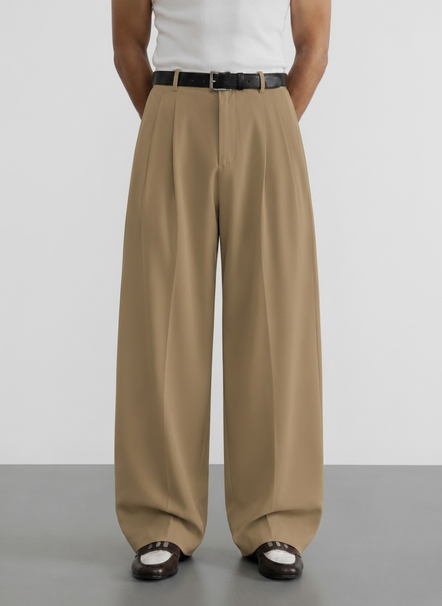 Khaki Pleated Baggy Pant - Image 2