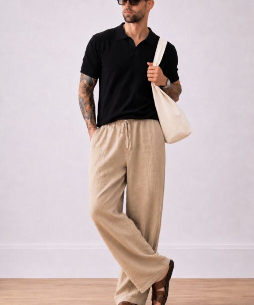Beige Bubble Linen Baggy Fit Pants