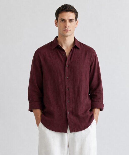 Maroon Linen Full Sleeve Oversized Shirt