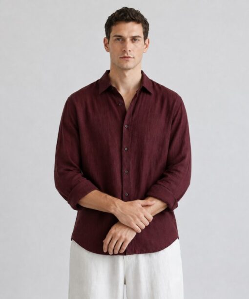 Maroon Linen Full Sleeve Oversized Shirt - Image 3