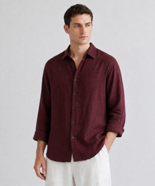 Maroon Linen Full Sleeve Oversized Shirt - Image 4