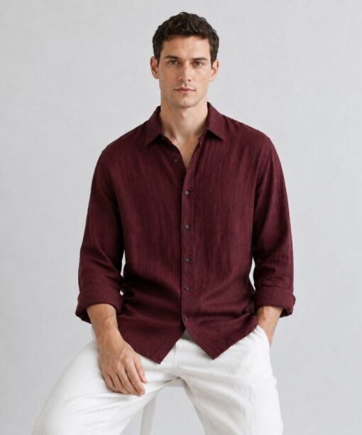 Maroon Linen Full Sleeve Oversized Shirt - Image 5