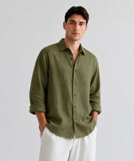 Green Linen Full Sleeve Oversized Shirt